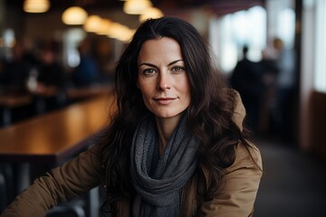 Portrait of a beautiful woman in a cafe. Outdoor portrait.