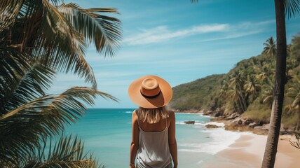 Back view of a woman wearing a summer dress and a hat, contemplating a paradisiacal beach