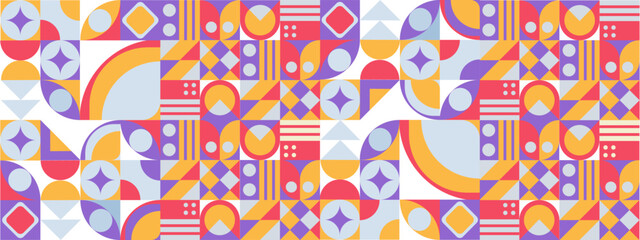 Geometric minimal pattern mosaic. Simple colorful colourful circle shapes, modern bauhaus banner vector design