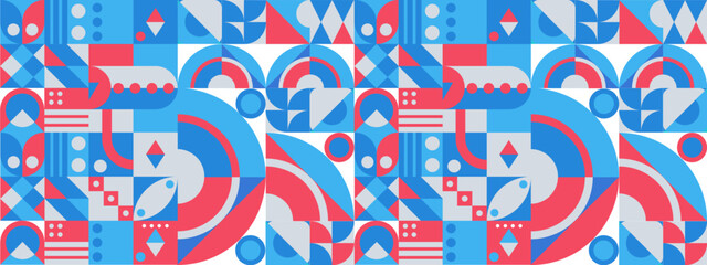 Red blue and white modern minimalist mid century neo geometric mosaic bauhaus style memphis seamless pattern abstract vector illustration