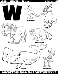 cartoon animal characters for letter W set coloring page