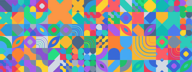 Colorful geometric mosaic seamless pattern illustration with creative abstract shapes.