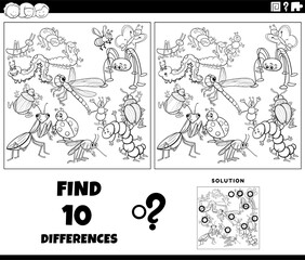 differences game with cartoon insects coloring page