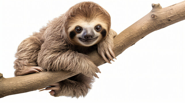 Cute two-toed sloth hanging on tree branch.