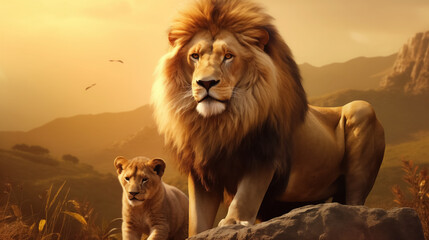 Majestic lion and cub on savanna rock at sunrise with soft golden light. - obrazy, fototapety, plakaty