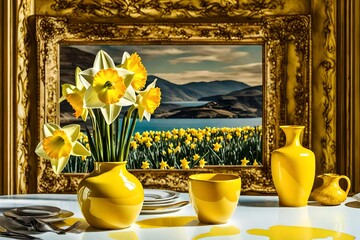 Artistic shot of daffodil in a yellow ceramic vase, placed on a dining table, minimalist design,...