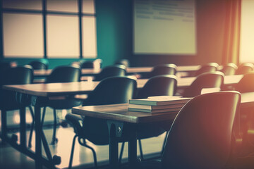 Empty defocused university classroom. Business conference room. Blurred school classroom without students with empty chairs and tables
