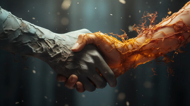 Two hands clasping in unity, one fiery and one stone-like, symbolic.