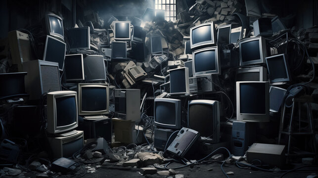 Pile of discarded old monitors in a dimly lit room, hinting at obsolescence.