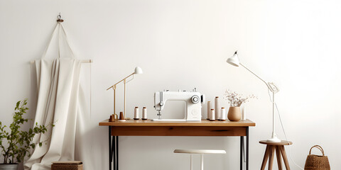 Beige minimalistic tailors atelier with a sewing machine on table, white walls with light and shadow