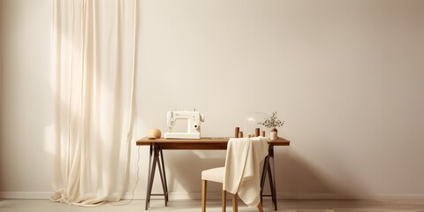 Beige minimalistic tailors atelier with a sewing machine on table, white walls with light and shadow