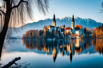 Beautiful view of famous Bled Island  - obrazy, fototapety, plakaty