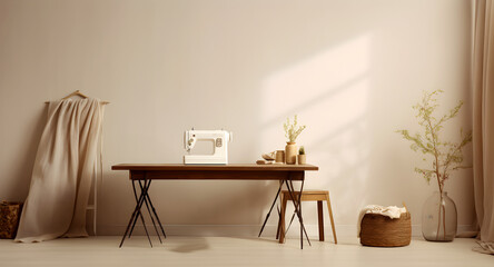 Beige minimalistic tailors atelier with a sewing machine on table, white walls with light and shadow