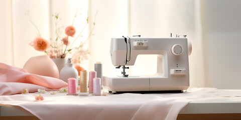 White sewing machine on a table at tailors atelier, blurred light background 