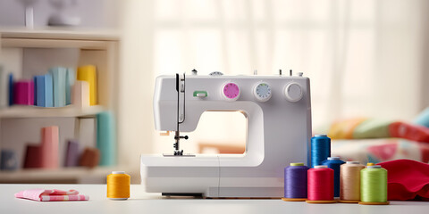 White sewing machine on a table at tailors atelier, blurred light background 