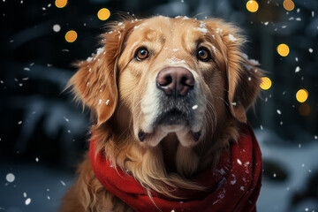 Golden Retriever dog with a winter scarf in a Christmas atmosphere. - 675748748