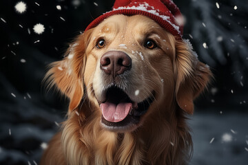 Golden Retriever dog with a winter hat in a Christmas atmosphere. - 675748790
