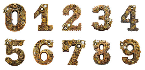 Fototapeta premium Set of numbers in steampunk style, generative AI