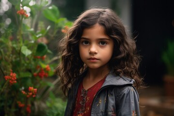 Portrait of a little girl with long curly hair in the garden