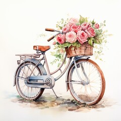 Watercolor vintage bicycle with box of flowers