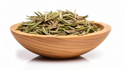 Dried rosemary leaves in a wooden bowl isolated on background.