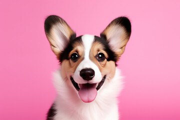 welsh corgi cardigan puppy closeup portraitsmiling with tongue out sitting on pink background. Grooming salon, vet clinic poster.