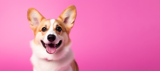 welsh corgi Pembroke dog closeup banner smiling with tongue out on pink background. Grooming salon, vet clinic poster copy space left.