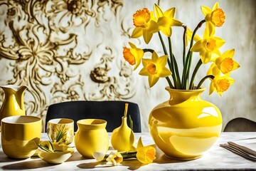 Artistic shot of daffodil in a yellow ceramic vase, placed on a dining table, minimalist design,...