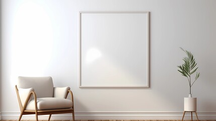 blank picture frame mockup on wall interior with chair and plant, white living room