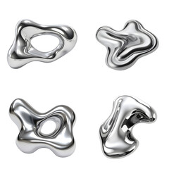 Set of abstract shape silver metalic liquid on transparent background