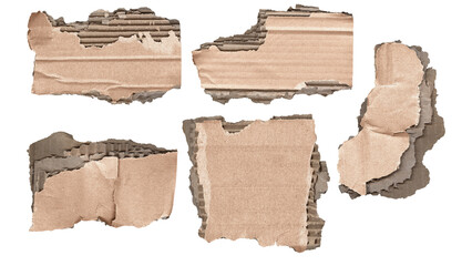 collection of torn and ripped cardboard pieces frames with jagged edges in Y2K retro style, png isolated kraft cardboard objects of various shapes on transparent background 