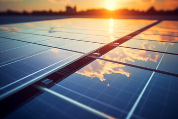 Industrial photovoltaic system with solar cells to generate electricity with the sun in the background - topic energy transition and green electricity