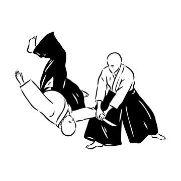 Aikido combat between athletes, stylized vector illustration