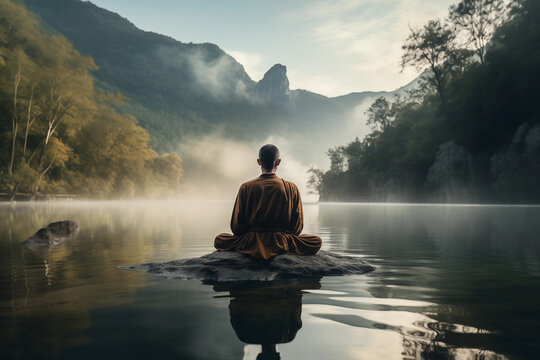 Monk sits on stone by lake in mountain landscape and meditates, finds inner peace and balance - theme meditation and yoga