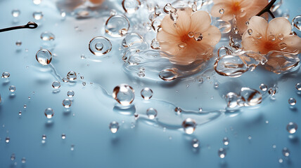 Beautiful flowers with water drops on blue background, close-up