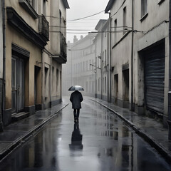 Urban Solitude: Tranquil Empty Streets After Rain with Lonely Passer-By and Umbrella. generative AI
