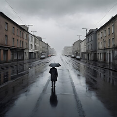 Urban Solitude: Tranquil Empty Streets After Rain with Lonely Passer-By and Umbrella. generative AI