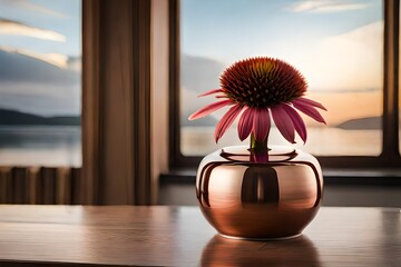 Artistic shot of a single echinacea blossom in a copper metal vase, placed near a window, minimalist design, wooden surface background