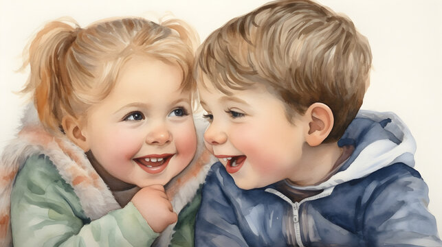 Boy and girl having fun talking in watercolor illustration