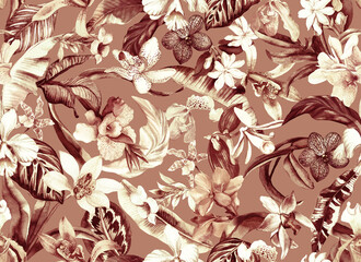 Tropical botanical seamless pattern with exotic flowers and leaves drawn in watercolor. Floral background with orchids and tropical leaves