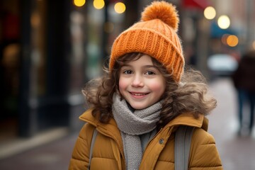 Portrait of a cute little girl wearing warm hat and scarf in the city