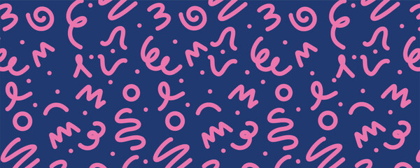 Naklejka premium Vector fun line pink doodle seamless pattern background
