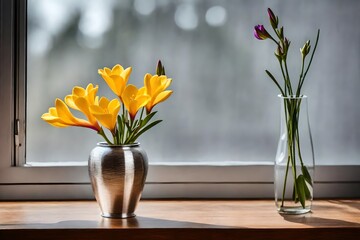 Artistic shot of a single freesia in a silver metal vase, placed near a window, minimalist design, wooden surface background