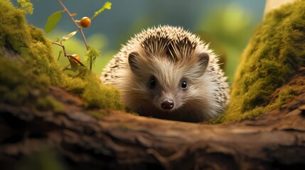 Naklejka premium close up of Young Hedgehog on a tree branch