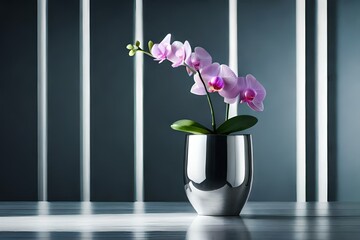 Artistic shot of a single orchid in a silver metal vase, placed near a window, minimalist design, wooden surface background