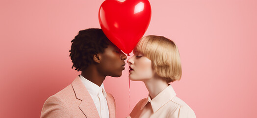 Young fashion interracial couple with balloons on color background. Valentine's Day Celebration