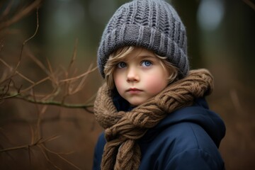 A portrait of a cute little girl in a blue coat and a knitted hat outdoors.
