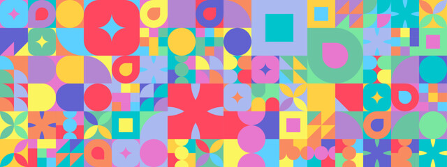 Geometric minimal pattern mosaic. Simple colorful circle shapes, modern bauhaus banner vector design