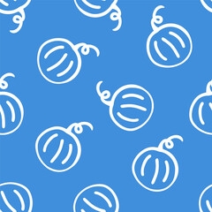 Blue seamless pattern with white outline pumpkin