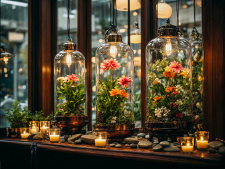 Fototapeta na wymiar Florariums with flowers and stones hang among the Edison blubls lamps from the ceiling and mirroring in window. Decor. Reception
